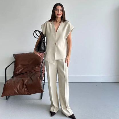 Women's Trouser Suit Solid Single Button Blazer High Waist Wide Leg Pants Female Suits 2025 Spring Summer 2 Pieces Outfits
