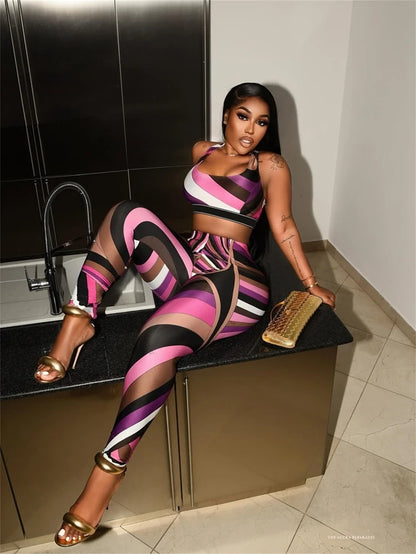 Stylish Lady Contrast Color Striped Printed 2 Piece Set Women Sleeveless Crop Top and Skinny Pant Suits 2025 Summer Sexy Outfits