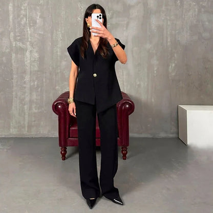 Women's Trouser Suit Solid Single Button Blazer High Waist Wide Leg Pants Female Suits 2025 Spring Summer 2 Pieces Outfits