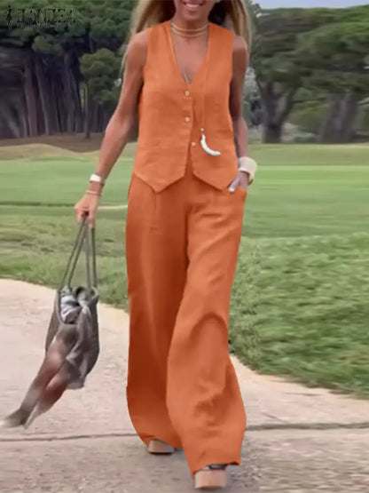 2025 ZANZEA Woman Elegant 2-Piece Pant Sets Casual Vest and Pants Sets Old Money Style Suits 2pcs Outfits Wide Leg Trouser Sets