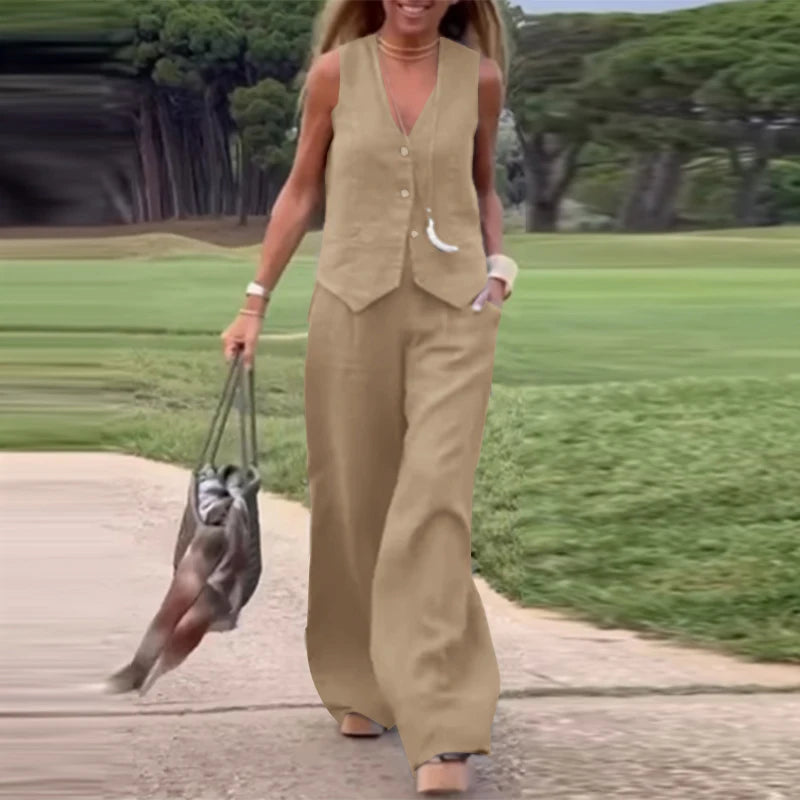 2025 ZANZEA Woman Elegant 2-Piece Pant Sets Casual Vest and Pants Sets Old Money Style Suits 2pcs Outfits Wide Leg Trouser Sets