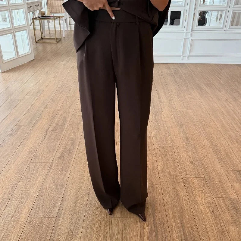 Women's Trouser Suit Solid Single Button Blazer High Waist Wide Leg Pants Female Suits 2025 Spring Summer 2 Pieces Outfits
