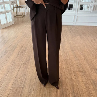 Women's Trouser Suit Solid Single Button Blazer High Waist Wide Leg Pants Female Suits 2025 Spring Summer 2 Pieces Outfits