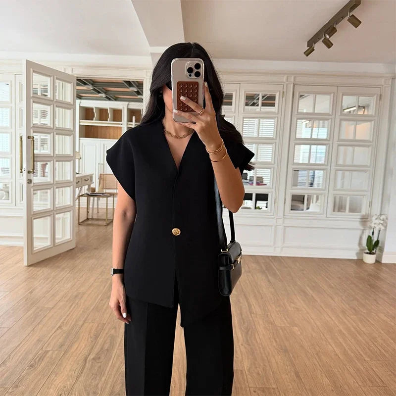 Women's Trouser Suit Solid Single Button Blazer High Waist Wide Leg Pants Female Suits 2025 Spring Summer 2 Pieces Outfits