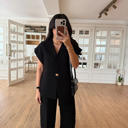 Women's Trouser Suit Solid Single Button Blazer High Waist Wide Leg Pants Female Suits 2025 Spring Summer 2 Pieces Outfits